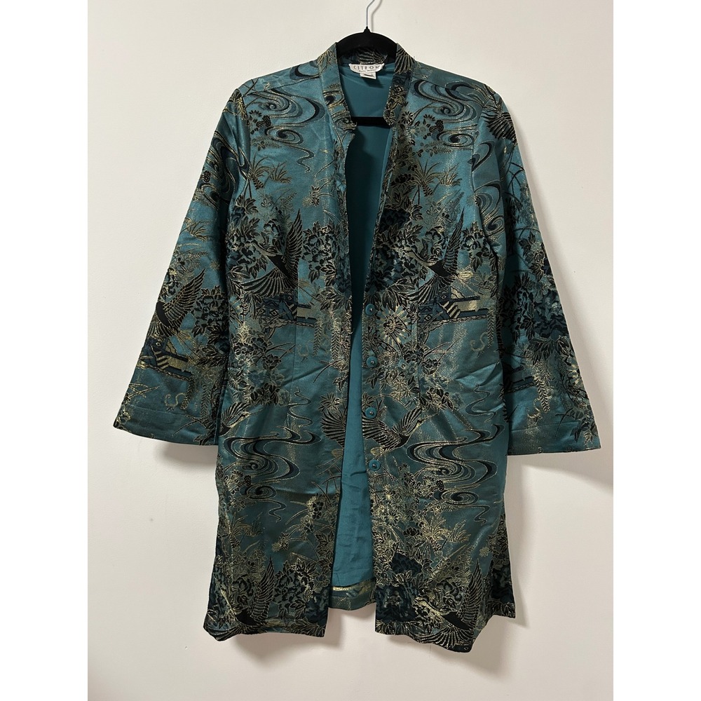 Citron Santa Monica Silk Brocade Longline Jacket Women S Teal Chinoiserie